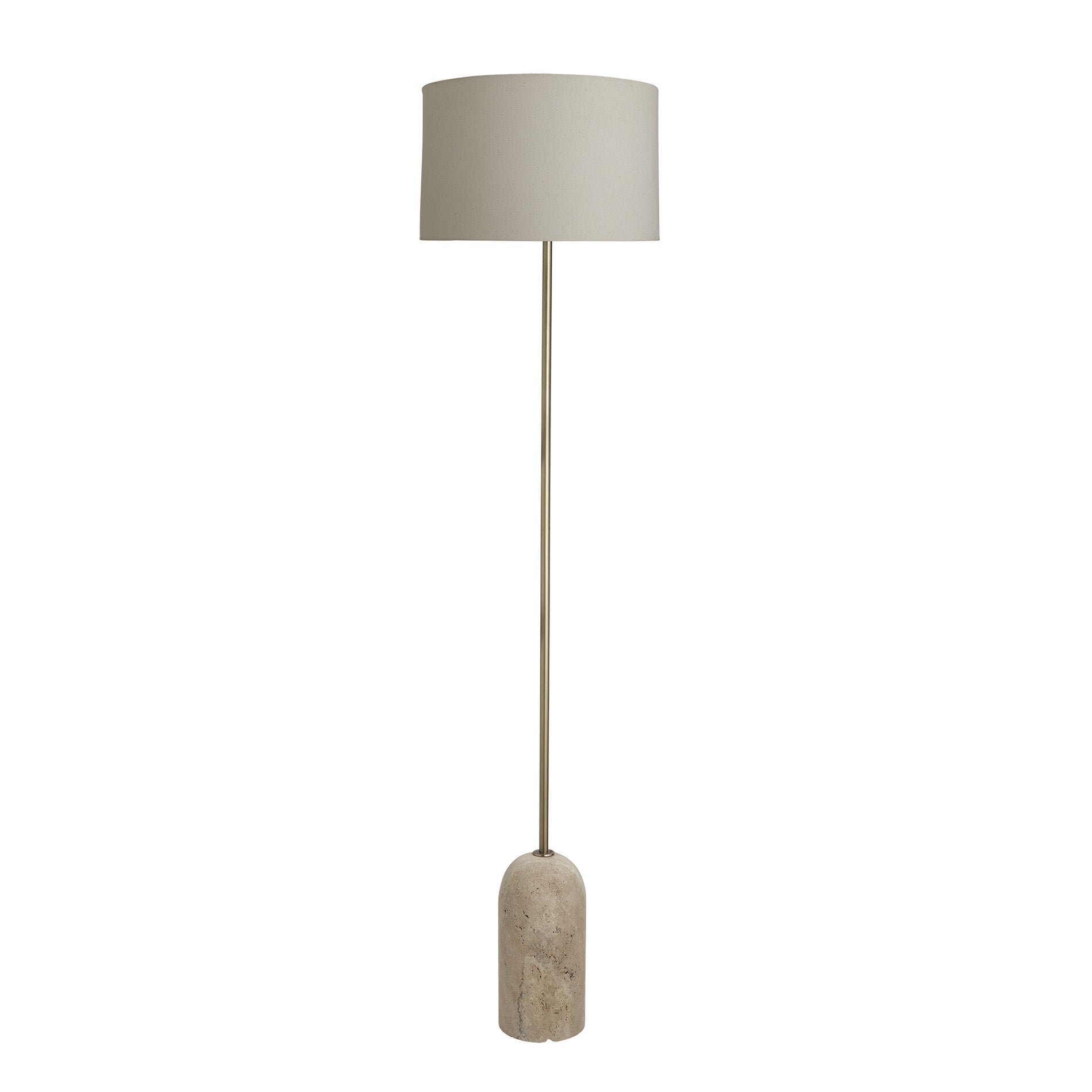 Full view of a floor lamp with a natural travertine base and a brass rod, shown without a shade, exposing the bulb socket.